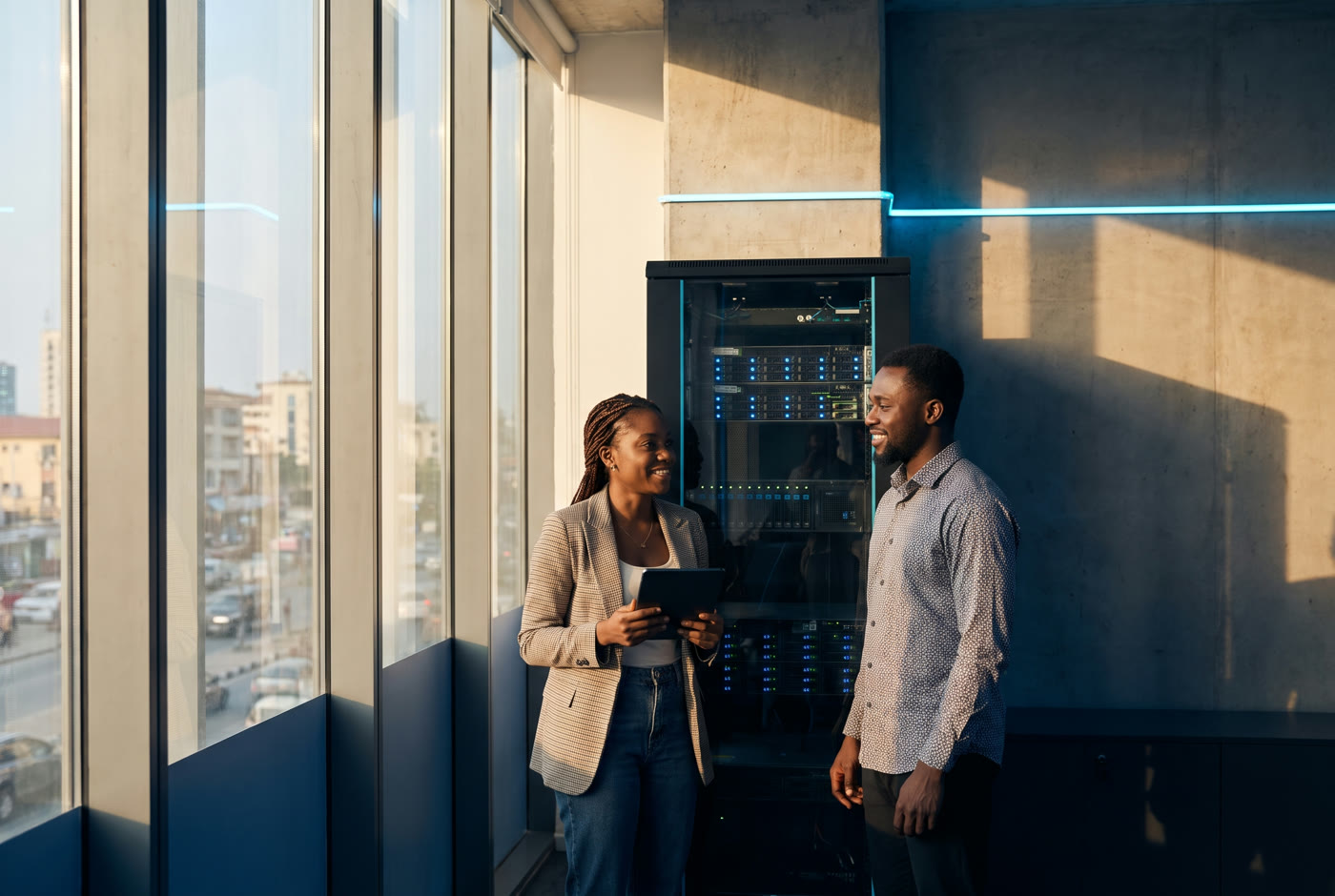An IT engineer with a tablet and an office manager beside a network cabinet in a Lagos office