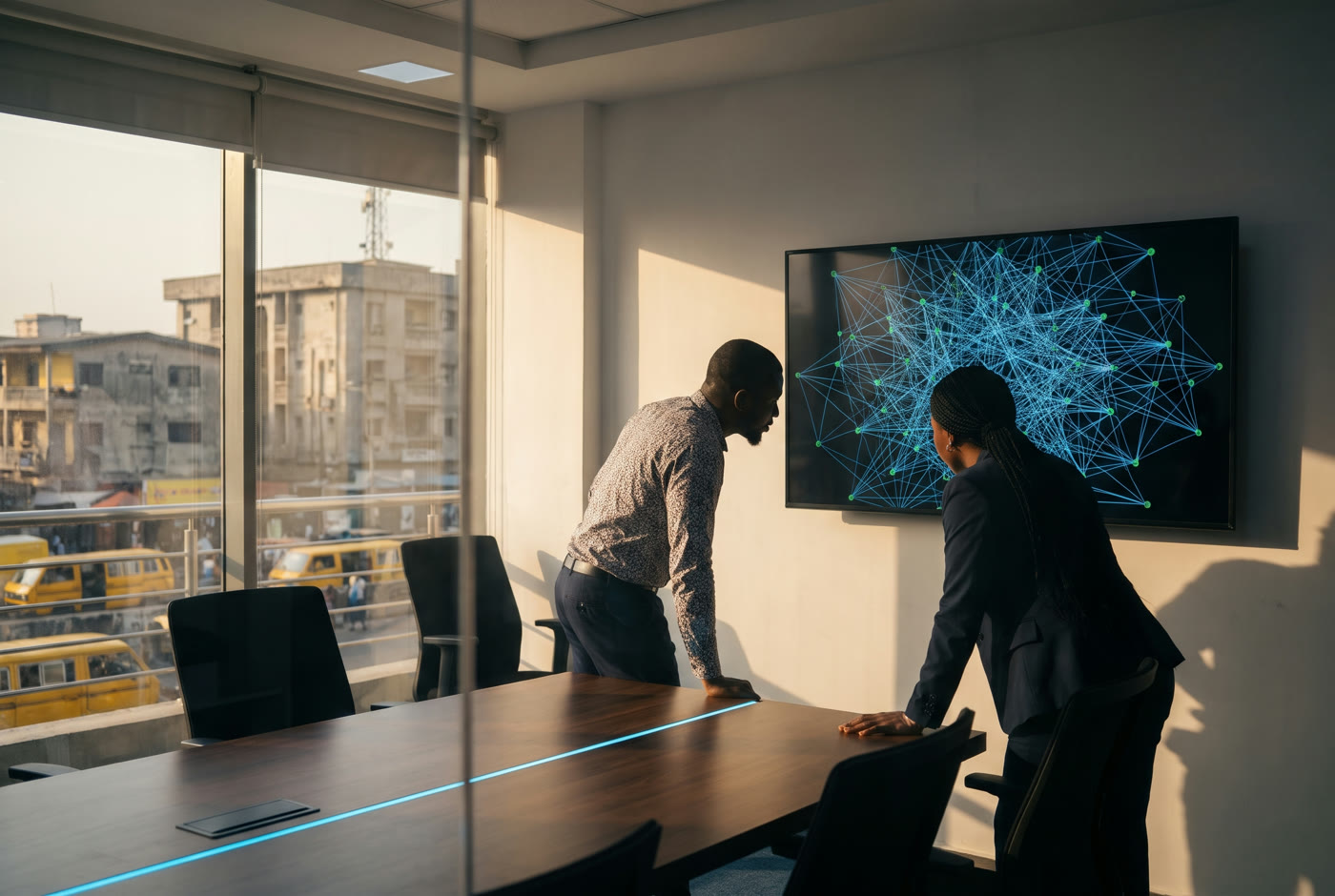 Two engineers reviewing a network layout on a wall screen in a Lagos meeting room