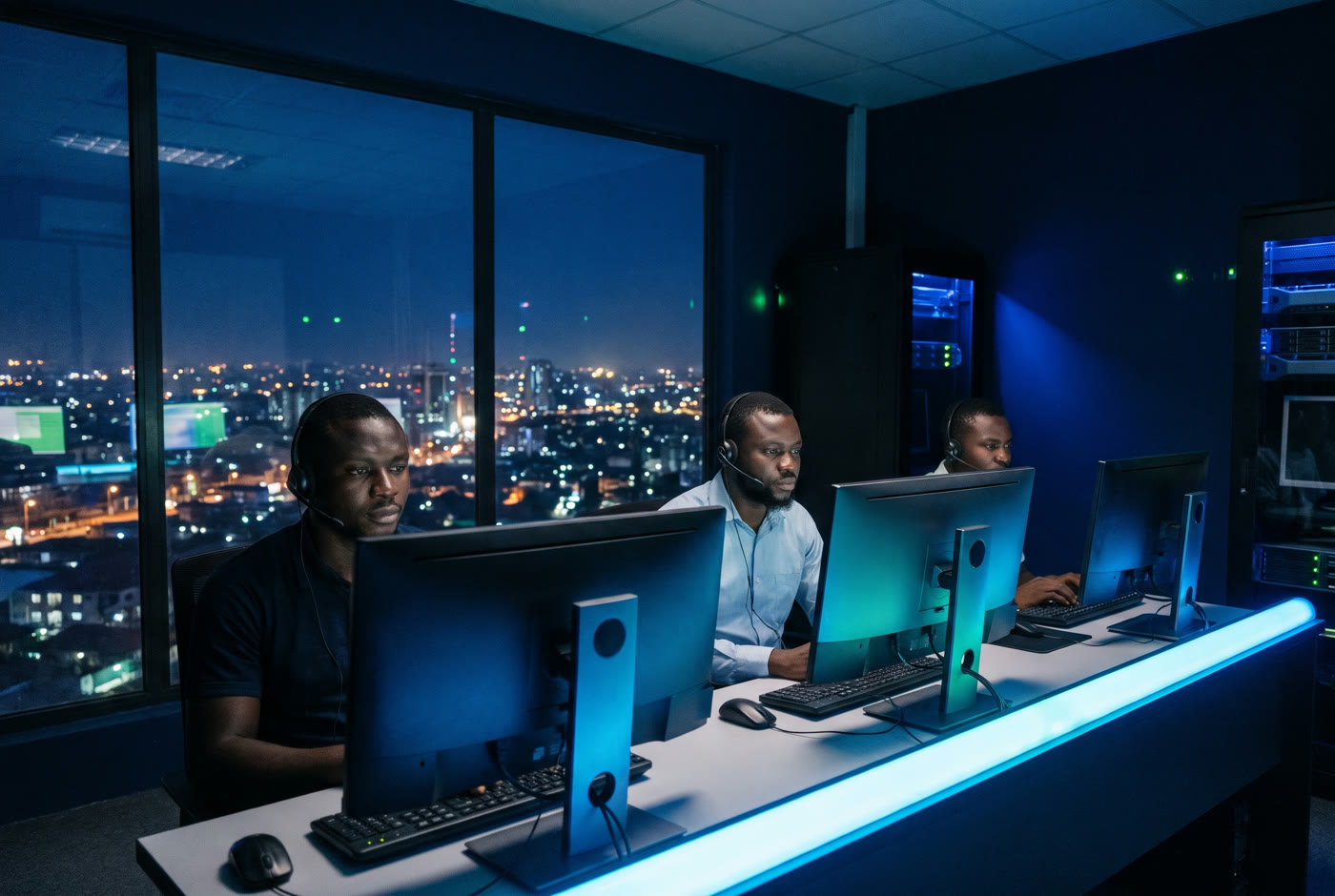 A helpdesk team with headsets in a night-time operations room overlooking Lagos